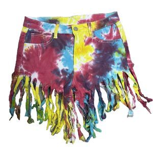 Womens‎ Tie Dye Fringe Shorts Size M Festival Boho Y2K Grunge Rainbow Denim Fun